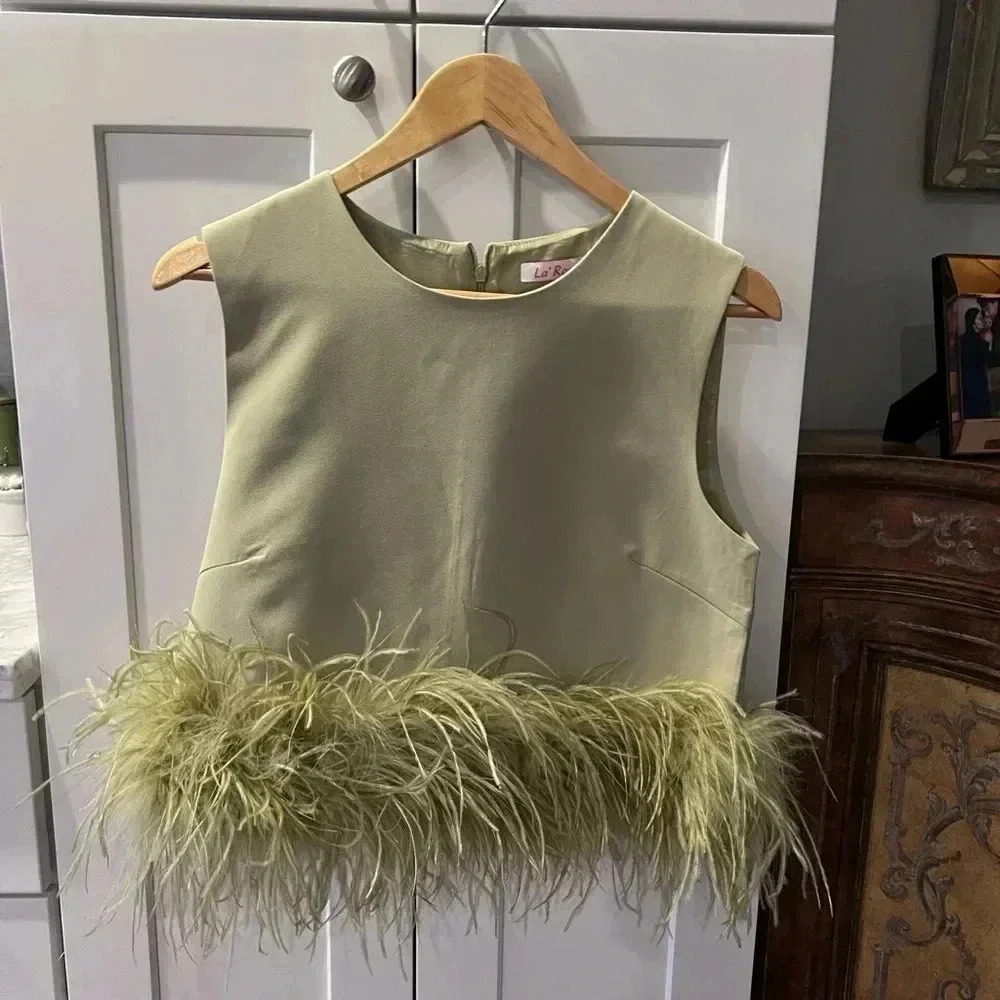 Elegant Feather Trim Crop Top